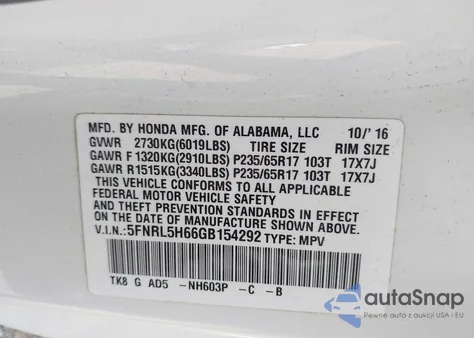 2016 Honda Odyssey Ex-L from USA, damaged, VIN 5FNRL5H66GB154292